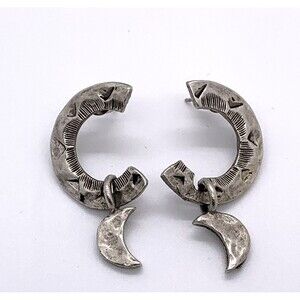 Half Moon Silver Tone Earrings Hammered Metal 1-1/2" Drop Boho Celestial